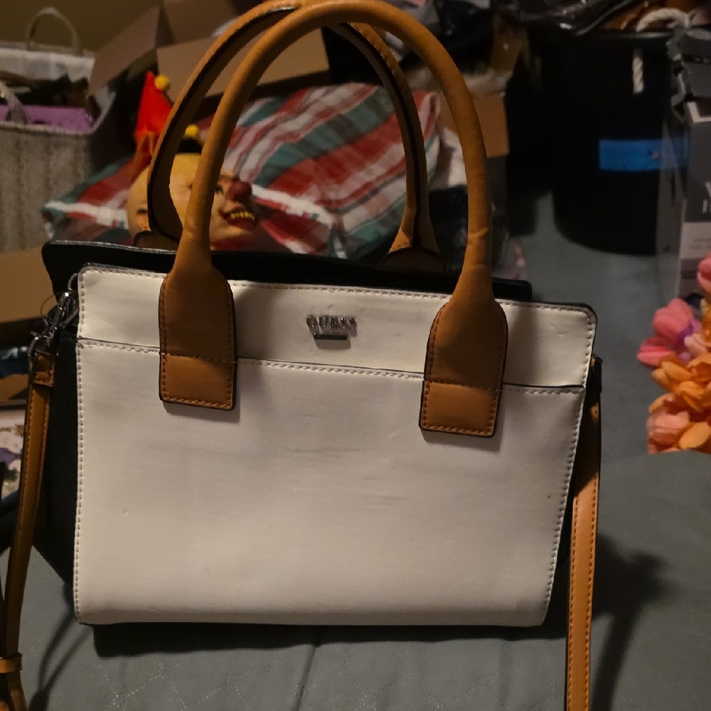 Guess Tricolor Satchel in Black, White, and Tan